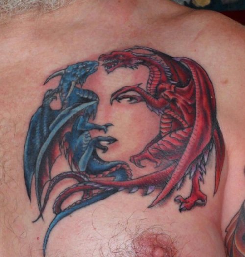 Color Ink Dragons And Girl Face Optical Illusion Tattoo On Chest